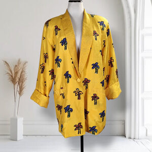 Vintage Cache Silk Palm Tree Print Oversized Blazer Jacket Yellow Lined 4
